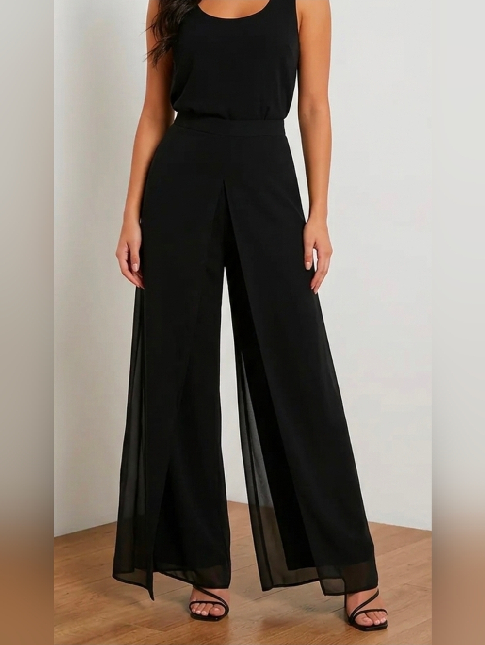 J.R. Nites by Caliendo Black Chiffon Overlay Wide Leg Palazzo Evening Pants 10P